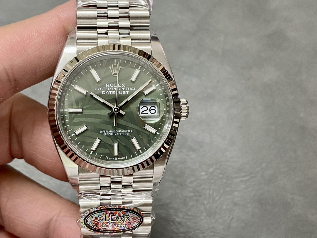 Rolex Datejust 36mm Fluted Bezel Green Palm Index Dial Jubilee 126234 0047